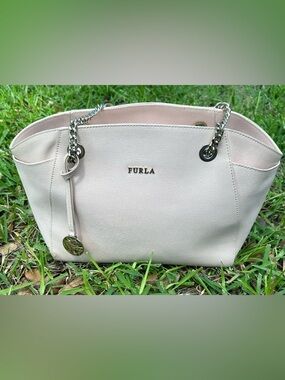 Furla Pale Blush Leather Shoulder Bag with Chain Detail